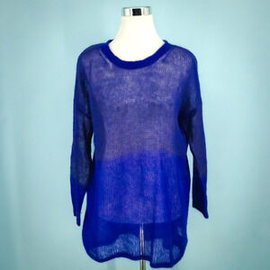 Eileen Fisher Size Small S Blue Colorblock Open Knit Crew Mohair Wool Sweater